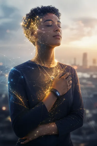 A person in calm reflection with luminous threads of machine intelligence merging around them