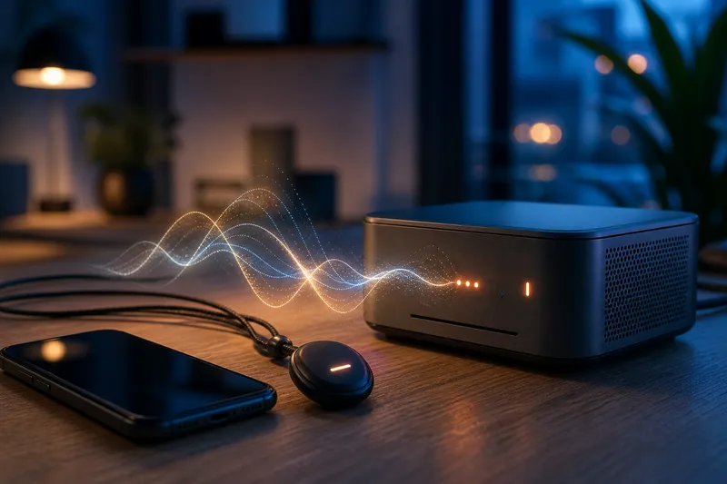 A wearable pendant and smartphone sending sound waves into a small home AI computer
