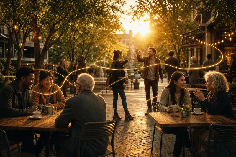 People gathering at a sunlit cafe terrace, connected by faint golden threads of light